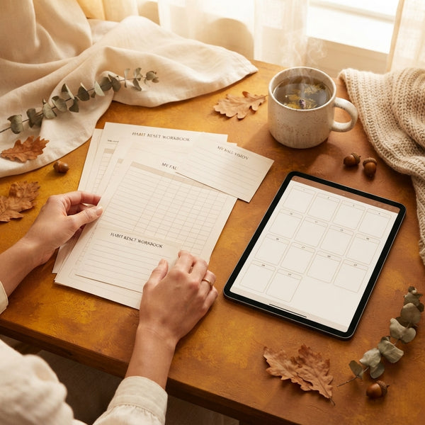 Hands organizing habit tracking worksheets on a warm-toned desk with a tablet and tea, representing morning routine planning.
